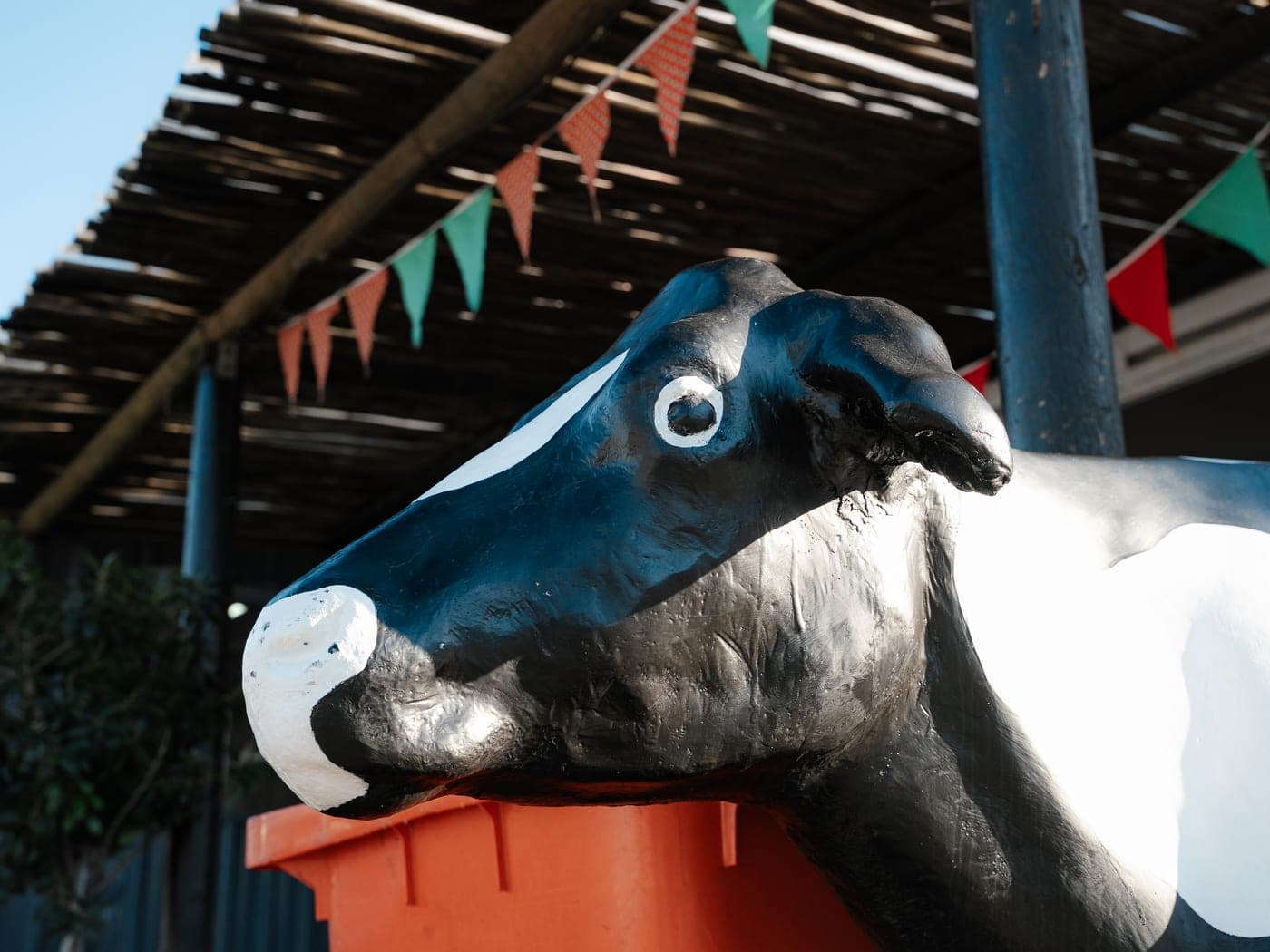 The painted Friesian cow statue at the Malan's factory shop entrance