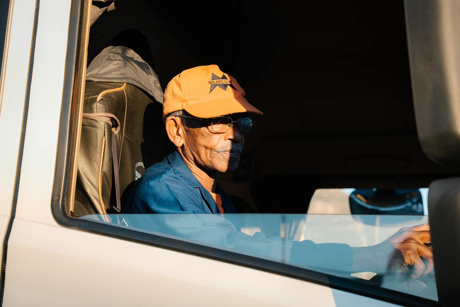 A Malan's Dairy driver in his truck cab in the early morning light